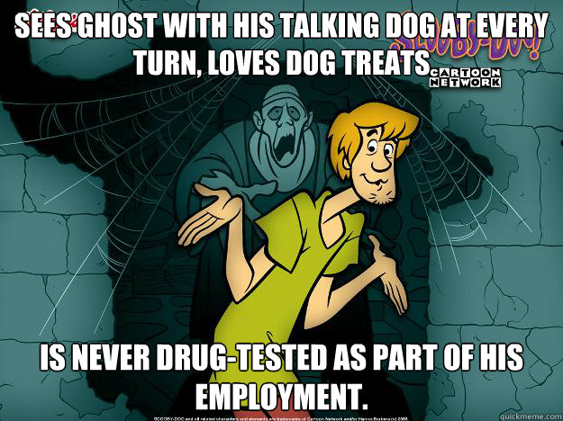 Sees ghost with his talking dog at every turn, loves dog treats is never drug-tested as part of his employment. - Sees ghost with his talking dog at every turn, loves dog treats is never drug-tested as part of his employment.  Irrational Shaggy