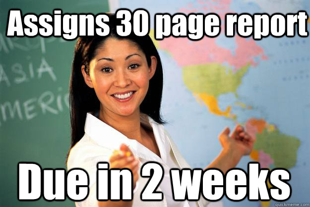 Assigns 30 page report Due in 2 weeks   Unhelpful High School Teacher