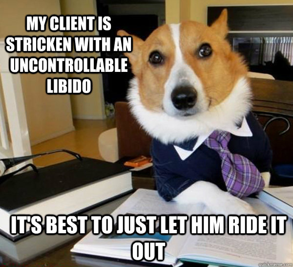 My client is stricken with an uncontrollable libido It's best to just let him ride it out  Lawyer Dog