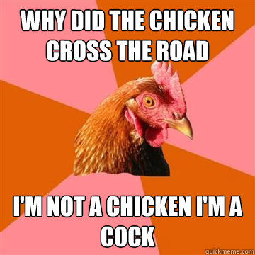 why did the chicken cross the road i'm not a chicken i'm a cock - why did the chicken cross the road i'm not a chicken i'm a cock  Anti-Joke Chicken