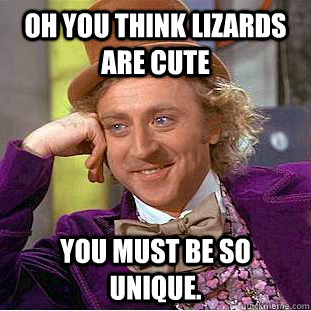 Oh you think lizards are cute you must be so unique.  Condescending Wonka