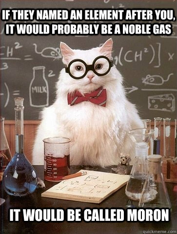 If they named an element after you, it would probably be a noble gas it would be called moron - If they named an element after you, it would probably be a noble gas it would be called moron  Chemistry Cat
