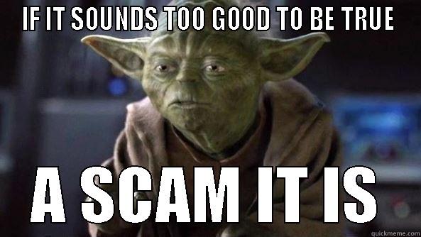 That's it! So sick of my friends getting fooled. Here's my friend with some advice - IF IT SOUNDS TOO GOOD TO BE TRUE A SCAM IT IS True dat, Yoda.