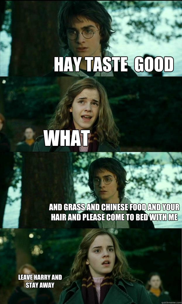 hay taste  good what and grass and Chinese food and your hair and please come to bed with me leave harry and stay away  Horny Harry