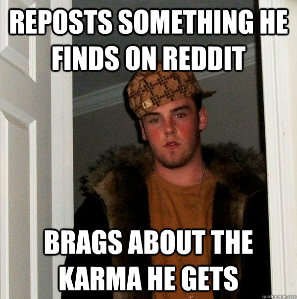 Reposts something he finds on reddit brags about the karma he gets  Scumbag Steve