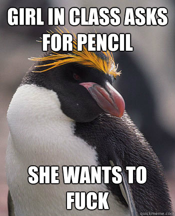 Girl in class asks for pencil She wants to fuck  Socially Overconfident Penguin