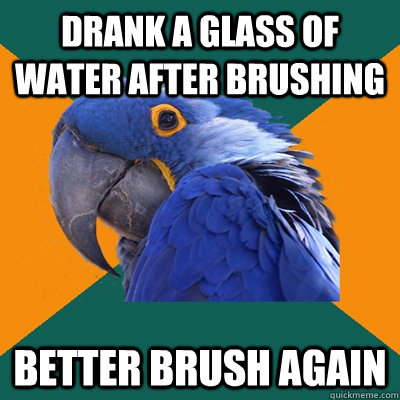 Drank a glass of water after brushing better brush again  Paranoid Parrot