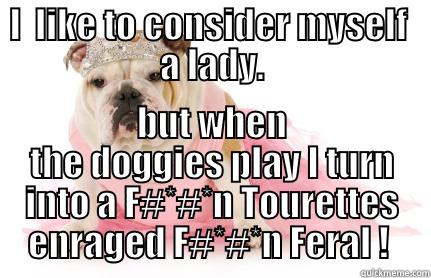 I  LIKE TO CONSIDER MYSELF  A LADY. BUT WHEN THE DOGGIES PLAY I TURN INTO A F#*#*N TOURETTES ENRAGED F#*#*N FERAL !  Misc