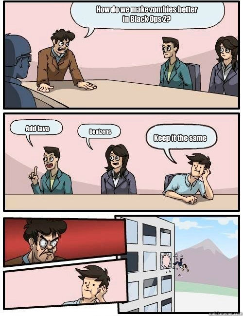 How do we make zombies better
in Black Ops 2? Add lava Denizens Keep it the same  Boardroom Suggestion