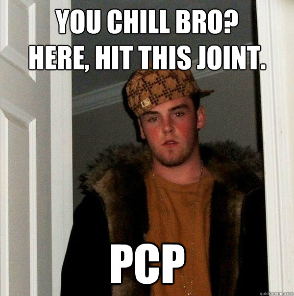 YOU CHILL BRO?
HERE, HIT THIS JOINT. PCP - YOU CHILL BRO?
HERE, HIT THIS JOINT. PCP  Scumbag Steve