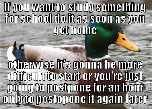IF YOU WANT TO STUDY SOMETHING FOR SCHOOL DO IT AS SOON AS YOU GET HOME OTHERWISE IT'S GONNA BE MORE DIFFICULT TO START OR YOU'RE JUST GOING TO POSTPONE FOR AN HOUR ONLY TO POSTOPONE IT AGAIN LATER Actual Advice Mallard