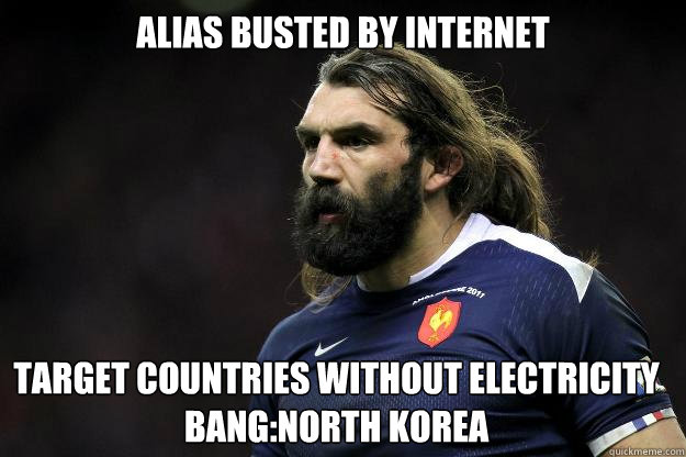 Alias busted by internet Target countries without electricity
Bang:North Korea - Alias busted by internet Target countries without electricity
Bang:North Korea  Uncle Roosh