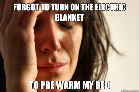 forgot to turn on the electric blanket to pre warm my bed  First World Problems