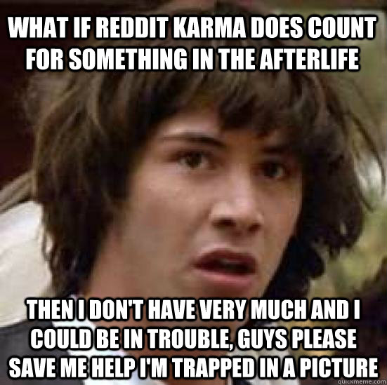 What if Reddit Karma DOES count for something in the afterlife then I don't have very much and I could be in trouble, guys please save me help I'm trapped in a picture  conspiracy keanu