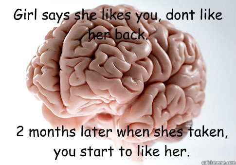 Girl says she likes you, dont like her back. 2 months later when shes taken, you start to like her.   Scumbag Brain