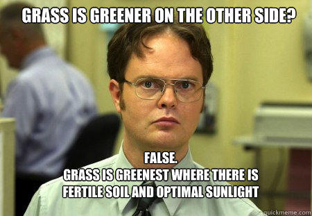 Grass is greener on the other side? FALSE.  
grass is greenest where there is fertile soil and optimal sunlight - Grass is greener on the other side? FALSE.  
grass is greenest where there is fertile soil and optimal sunlight  Schrute