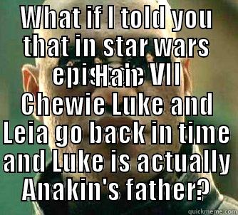 WHAT IF I TOLD YOU THAT IN STAR WARS EPISODE VII HAN CHEWIE LUKE AND LEIA GO BACK IN TIME AND LUKE IS ACTUALLY ANAKIN'S FATHER? Matrix Morpheus