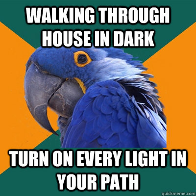 Walking through house in dark Turn on every light in your path  Paranoid Parrot