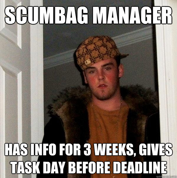 Scumbag manager Has info for 3 weeks, gives task day before deadline  Scumbag Steve