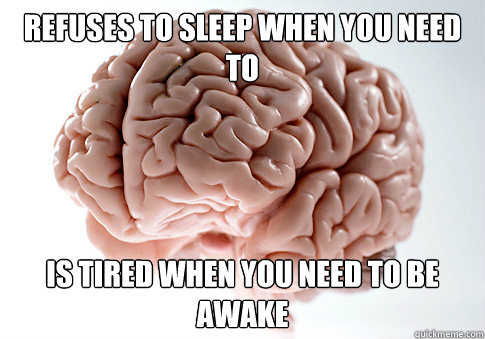 Refuses to sleep when you need to is tired when you need to be awake - Refuses to sleep when you need to is tired when you need to be awake  Scumbag Brain