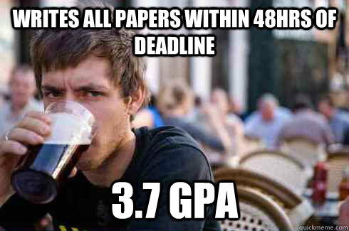 writes all papers within 48hrs of deadline 3.7 gpa  Lazy College Senior