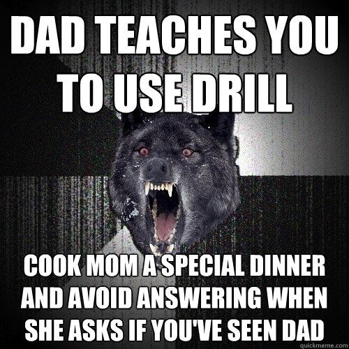 Dad teaches you to use drill cook mom a special dinner and avoid answering when she asks if you've seen dad  Insanity Wolf