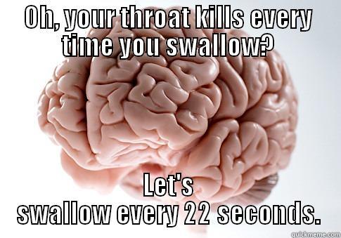 OH, YOUR THROAT KILLS EVERY TIME YOU SWALLOW? LET'S SWALLOW EVERY 22 SECONDS. Scumbag Brain