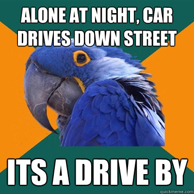 alone at night, car drives down street its a drive by  Paranoid Parrot
