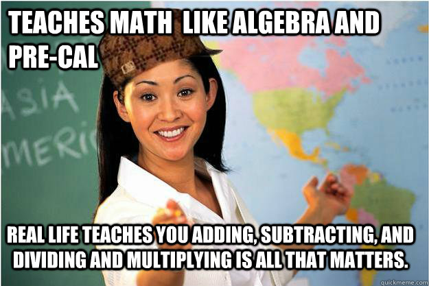 Teaches Math  like Algebra and Pre-Cal Real life teaches you adding, subtracting, and dividing and multiplying is all that matters.   Scumbag Teacher