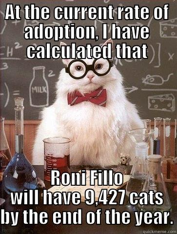 RoniCat Count - AT THE CURRENT RATE OF ADOPTION, I HAVE CALCULATED THAT RONI FILLO WILL HAVE 9,427 CATS BY THE END OF THE YEAR. Chemistry Cat