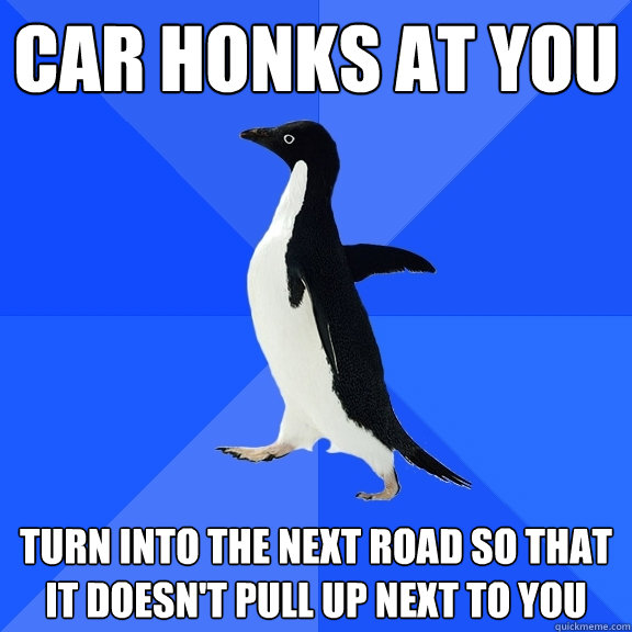 Car honks at you Turn into the next road so that it doesn't pull up next to you  Socially Awkward Penguin