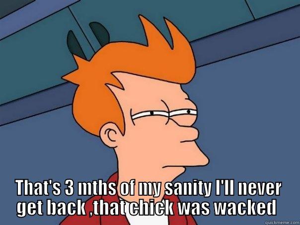  THAT'S 3 MTHS OF MY SANITY I'LL NEVER GET BACK ,THAT CHICK WAS WACKED  Futurama Fry