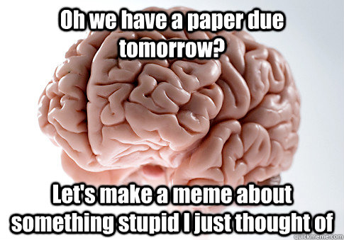 Oh we have a paper due tomorrow? Let's make a meme about something stupid I just thought of  - Oh we have a paper due tomorrow? Let's make a meme about something stupid I just thought of   Scumbag Brain