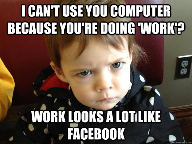 I can't use you computer because you're doing 'work'? Work looks a lot like facebook - I can't use you computer because you're doing 'work'? Work looks a lot like facebook  Skeptical Irene