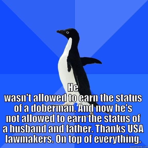  HE WASN'T ALLOWED TO EARN THE STATUS OF A DOBERMAN. AND NOW HE'S NOT ALLOWED TO EARN THE STATUS OF A HUSBAND AND FATHER. THANKS USA LAWMAKERS. ON TOP OF EVERYTHING. Socially Awkward Penguin