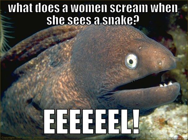WHAT DOES A WOMEN SCREAM WHEN SHE SEES A SNAKE? EEEEEEL! Bad Joke Eel