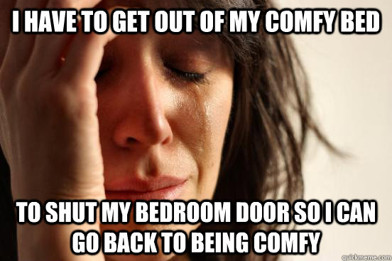 I have to get out of my comfy bed to shut my bedroom door so i can go back to being comfy  First World Problems