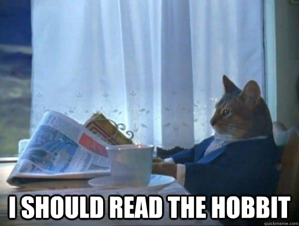  I should read the hobbit  morning realization newspaper cat meme