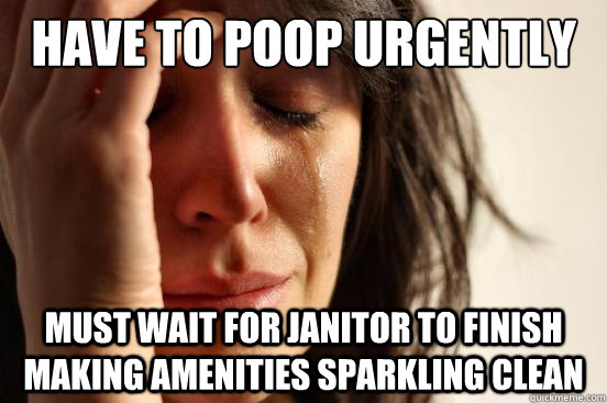 Have to poop urgently  Must wait for janitor to finish making amenities sparkling clean  First World Problems