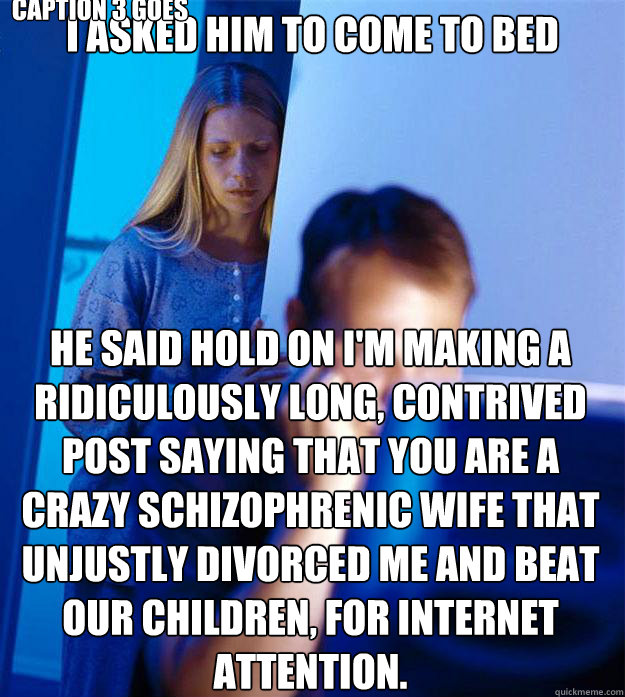 I asked him to come to bed He said hold on I'm making a ridiculously long, contrived post saying that you are a crazy schizophrenic wife that unjustly divorced me and beat our children, for internet attention. Caption 3 goes here  Redditors Wife