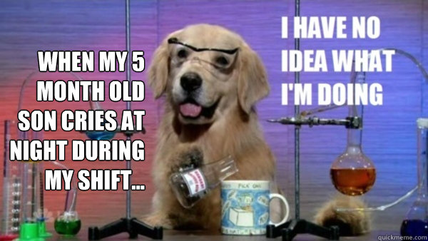 When my 5 month old son cries at night during my shift...  - When my 5 month old son cries at night during my shift...   science dog