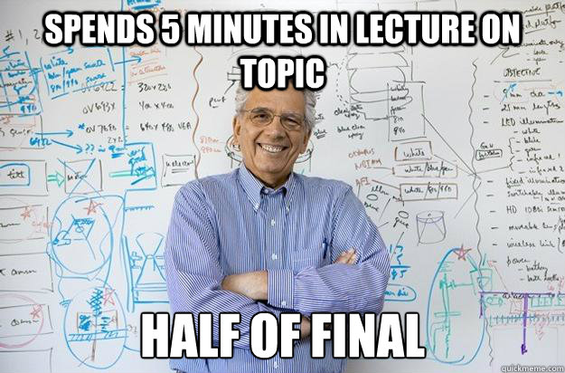 Spends 5 minutes in lecture on topic Half of final  Engineering Professor