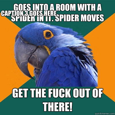 Goes into a room with a spider in it. Spider moves Get the fuck out of there! Caption 3 goes here  Paranoid Parrot