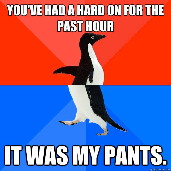 You've had a hard on for the past hour It was my pants.  Socially Awesome Awkward Penguin