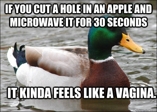 If you cut a hole in an apple and microwave it for 30 seconds it kinda feels like a vagina.  Actual Advice Mallard