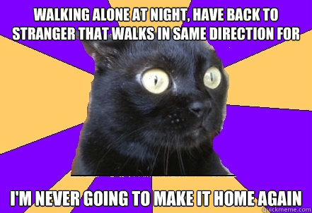 Walking alone at night, have back to stranger that walks in same direction for more than 5 seconds I'm never going to make it home again  Anxiety Cat