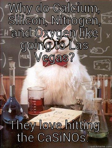 WHY DO CALCIUM, SILICON, NITROGEN, AND OXYGEN LIKE GOING TO LAS VEGAS? THEY LOVE HITTING THE CASINOS.  Chemistry Cat