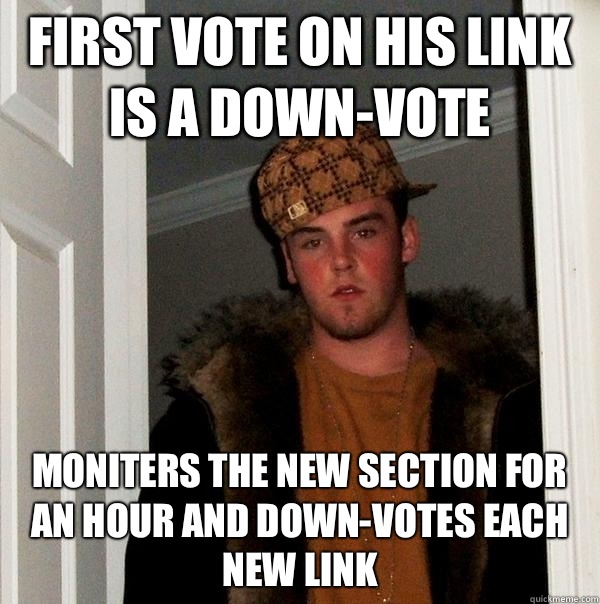 First vote on his link is a down-vote  Moniters the new section for an hour and down-votes each new link   Scumbag Steve