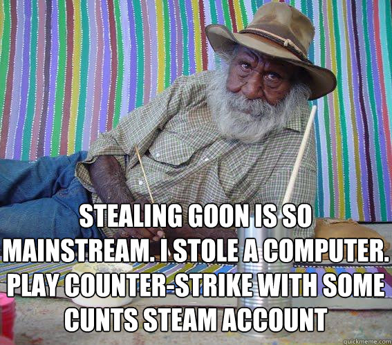 Stealing goon is so mainstream. I stole a computer. 
play counter-strike with some cunts steam account - Stealing goon is so mainstream. I stole a computer. 
play counter-strike with some cunts steam account  Hipster Aboriginal