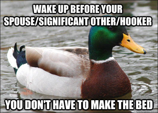 Wake up before your spouse/significant other/hooker You don't have to make the bed  Actual Advice Mallard